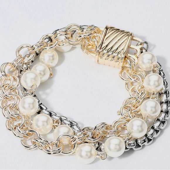 Jewelry - Gold and Silver Pearl Multi-Chain Bracelet - Women Jewelry